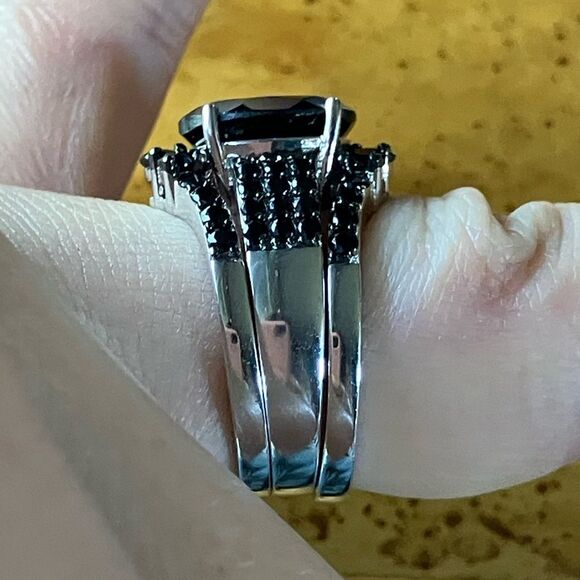 Natural Black Spinel Sterling Silver Ring Set Size 6 - Picture 3 of 11